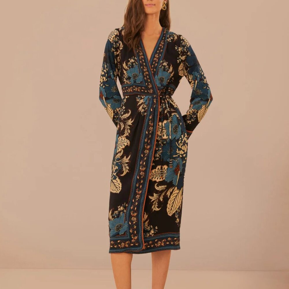 Blossom Tapestry Black Midi Wrap Dress